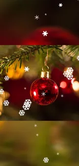 Red ornament hanging on a green tree with snowflakes background.