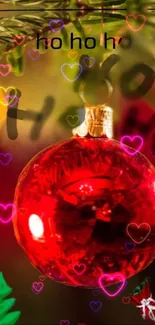 Red Christmas ornament with festive hearts.