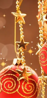 Festive red ornament with golden swirls and stars.