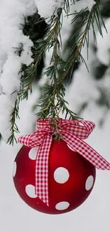 Red Christmas ornament on snowy branch.