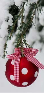 Red Christmas ornament with snow on branch.