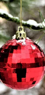 A shiny red ornament with gold cap on snowy pine branches.