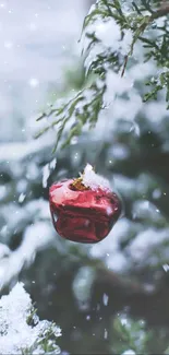 Festive red ornament in snowy evergreen scene.