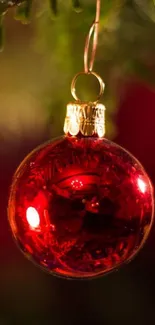 Red Christmas ornament hanging on tree branch.