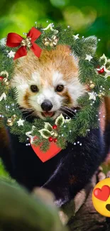 Cute red panda with festive wreath accessory.