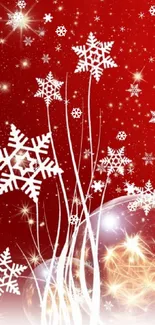 Red festive wallpaper with white snowflakes.