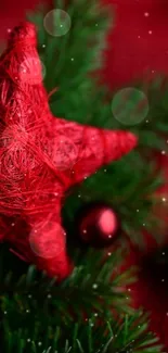 Festive red star and ornaments on pine branches in a holiday-themed background.