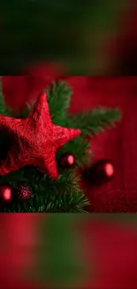 Red star with green branches on festive wallpaper.