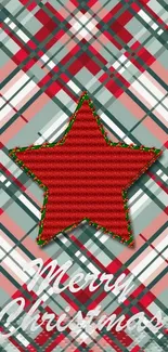 Red star with plaid Christmas background wallpaper.