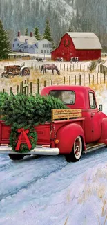 Red truck carrying Christmas tree through snowy countryside.