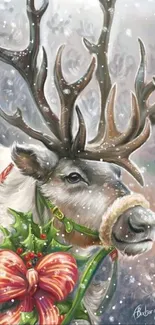 Festive reindeer with red ribbon and greenery in a snowy artistic setting.