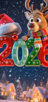 Cute reindeer with Christmas 2026 number and snowy background.
