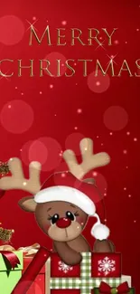 Festive Christmas wallpaper with reindeer, gifts, and a red background.