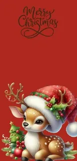 Cute reindeer with Santa hat and Merry Christmas text.