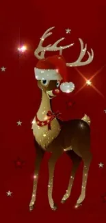 Christmas reindeer in Santa hat on red background, festive holiday wallpaper.