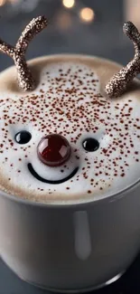 Reindeer-themed cappuccino coffee art with holiday decor.