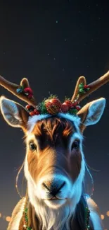 A festive reindeer with colorful decorations against a starry night sky.