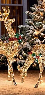 Golden illuminated reindeer in snowy festive setting.