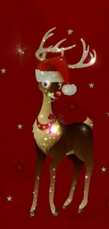 Festive reindeer with Santa hat on red background.