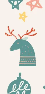 Whimsical holiday wallpaper with reindeer and stars in pastel colors.