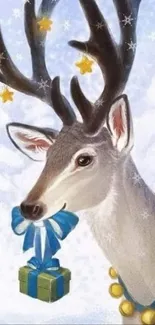 Festive reindeer with blue gift and snowflakes in a winter scene wallpaper.