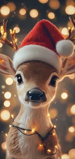 Cartoon reindeer wearing a Santa hat with lights in a festive background.
