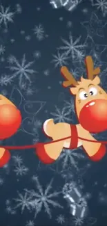 Cartoon reindeer with snowflakes on a dark blue background.