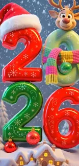Festive 2026 wallpaper with reindeer and colorful digits.