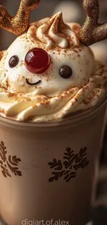 Festive reindeer hot chocolate with whipped cream and cocoa sprinkles in a cup.