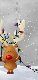 Cute reindeer with holiday lights on snowy background.