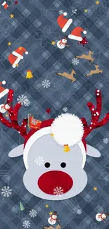 Festive reindeer wallpaper with red antlers on a blue patterned background.