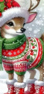 Cartoon reindeer in festive sweater with snowflakes background.