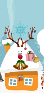 Reindeer on snowy rooftop with festive decor and gifts, set in a winter wonderland.