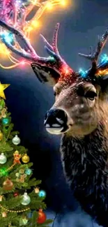 Reindeer with colorful antlers beside a decorated Christmas tree with lights.