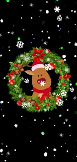 Cute reindeer in a festive Christmas wreath on black background.