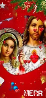 Festive religious art with red background and sacred imagery.