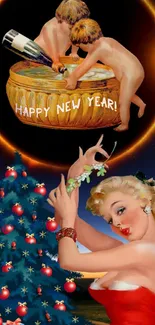 Retro New Year wallpaper with festive vintage art.