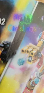 Colorful Christmas robot with neon text.