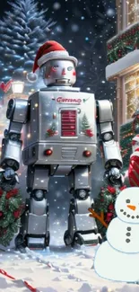 Robot in festive winter scene with snowman and Christmas decor.