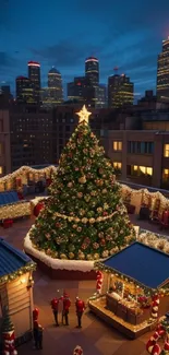 Christmas tree on a rooftop with city skyscrapers in the background.