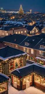 Festive Christmas cityscape with snowy rooftops and glowing lights.