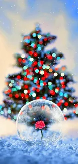 Mobile wallpaper featuring a bokeh-lit Christmas tree and a rose in a glass globe.