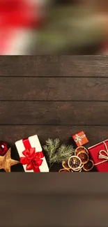 Rustic Christmas wallpaper with gifts and decor.