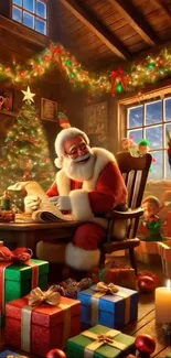 Santa Claus in workshop with elves, gifts, and Christmas tree.