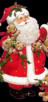 Santa Claus with teddy bears on a holiday-themed wallpaper.