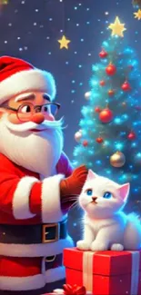 Santa with a white cat near a Christmas tree and gifts, under starry night.