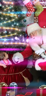 Santa Claus with a child in a festive Christmas setting with gifts.