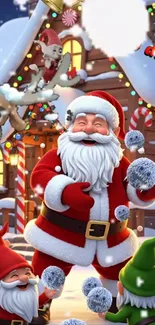 Santa and elves in festive snowy scene