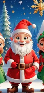 Santa Claus and elves on Christmas wallpaper for mobile.