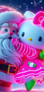 Santa and cartoon kitty in festive attire, glowing pink highlights.